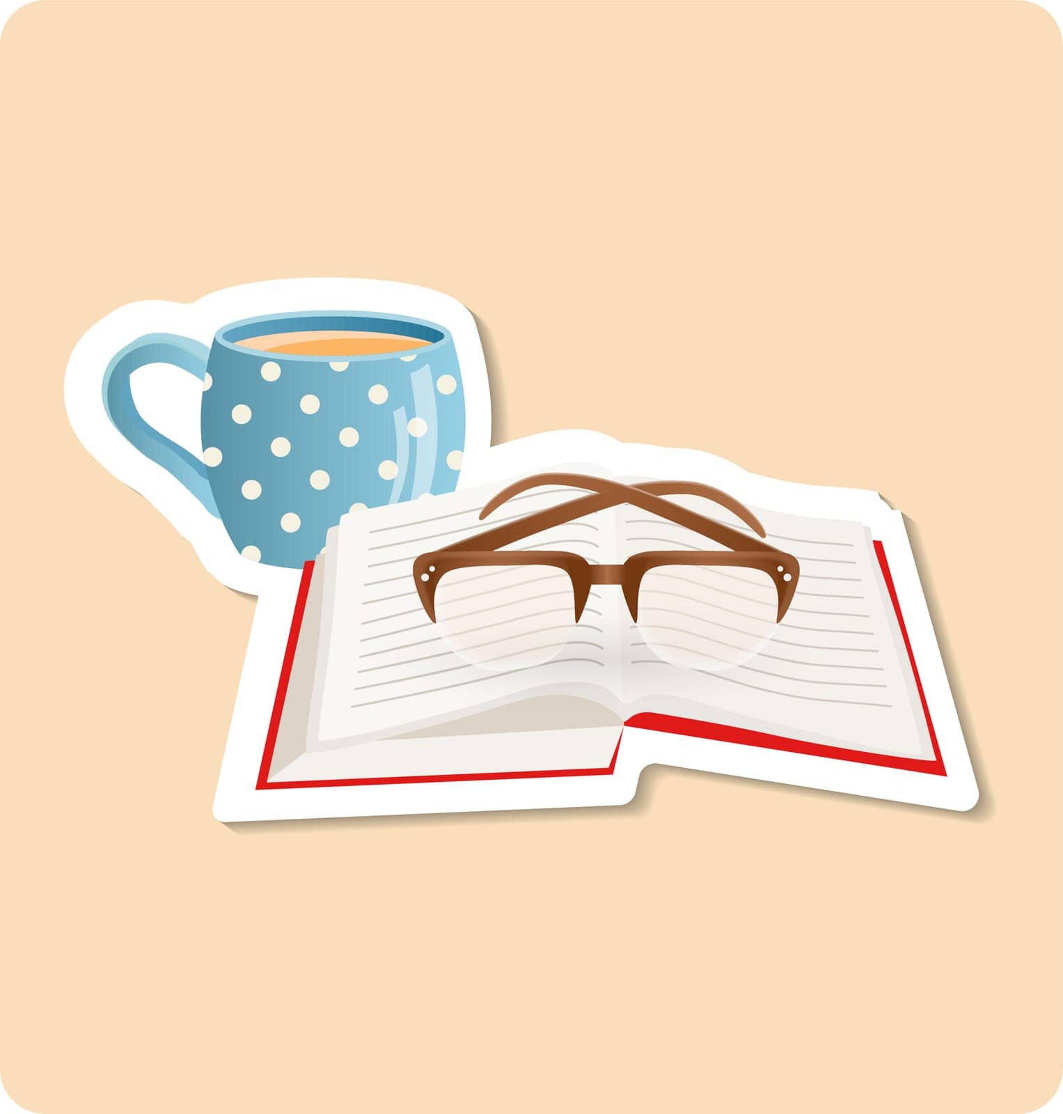 Glasses sticker illustration. Cup, coffee, spectacles, notebook. Editable vector graphic design. by simakovavector