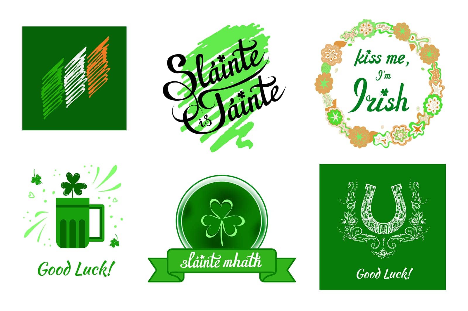 Irish elements, emblems with national flag, wishes of health and luck, beer mug, shamrock, joke in flower wreath, horseshoe. Greeting ornate vector designs for prints
