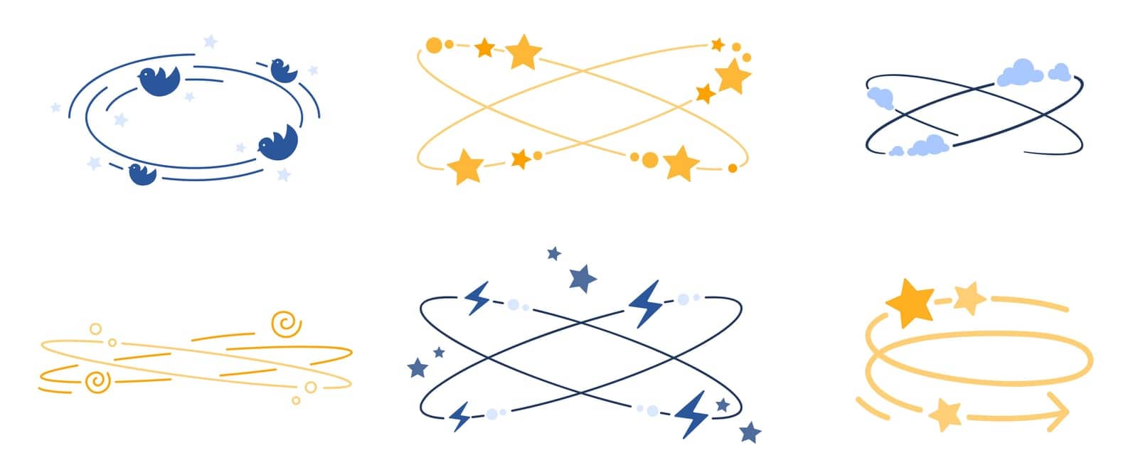 Dizzy line icons set, vertigo dizziness symbols collection with spinning stars and clouds by Popov