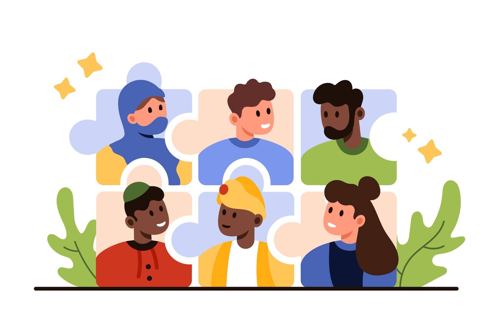 Diversity in recruitment, employment. Multicultural and multinational talent employees inside group of connected puzzles, team building from people of different ethnicity cartoon vector illustration