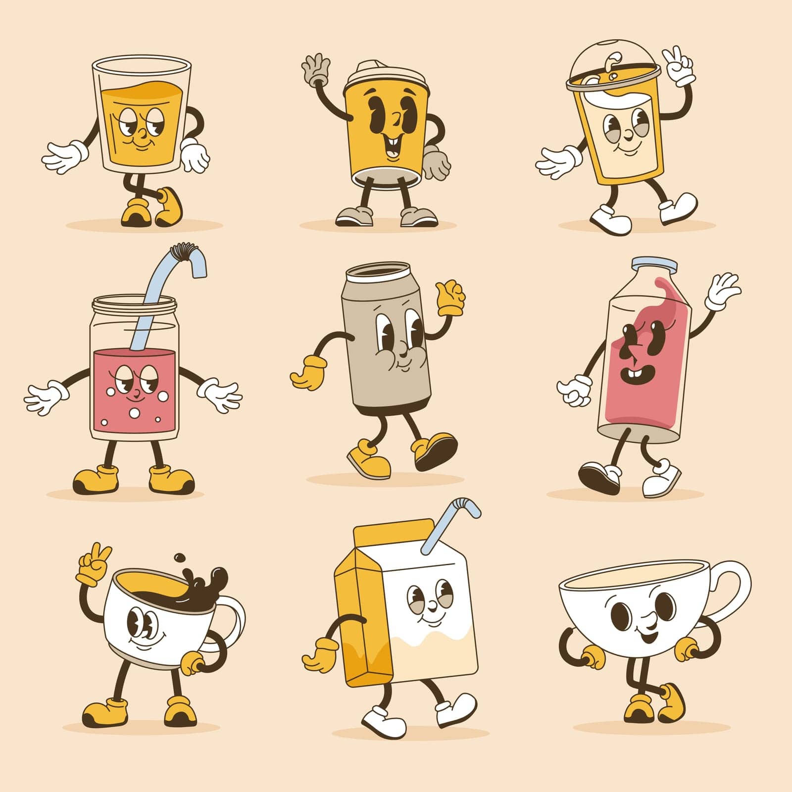 Set of retro cartoon characters. Beverage mascots with positive facial expression. Emoticons for social media chatting. Smiling personages or stickers with hands and legs. Vector in flat style