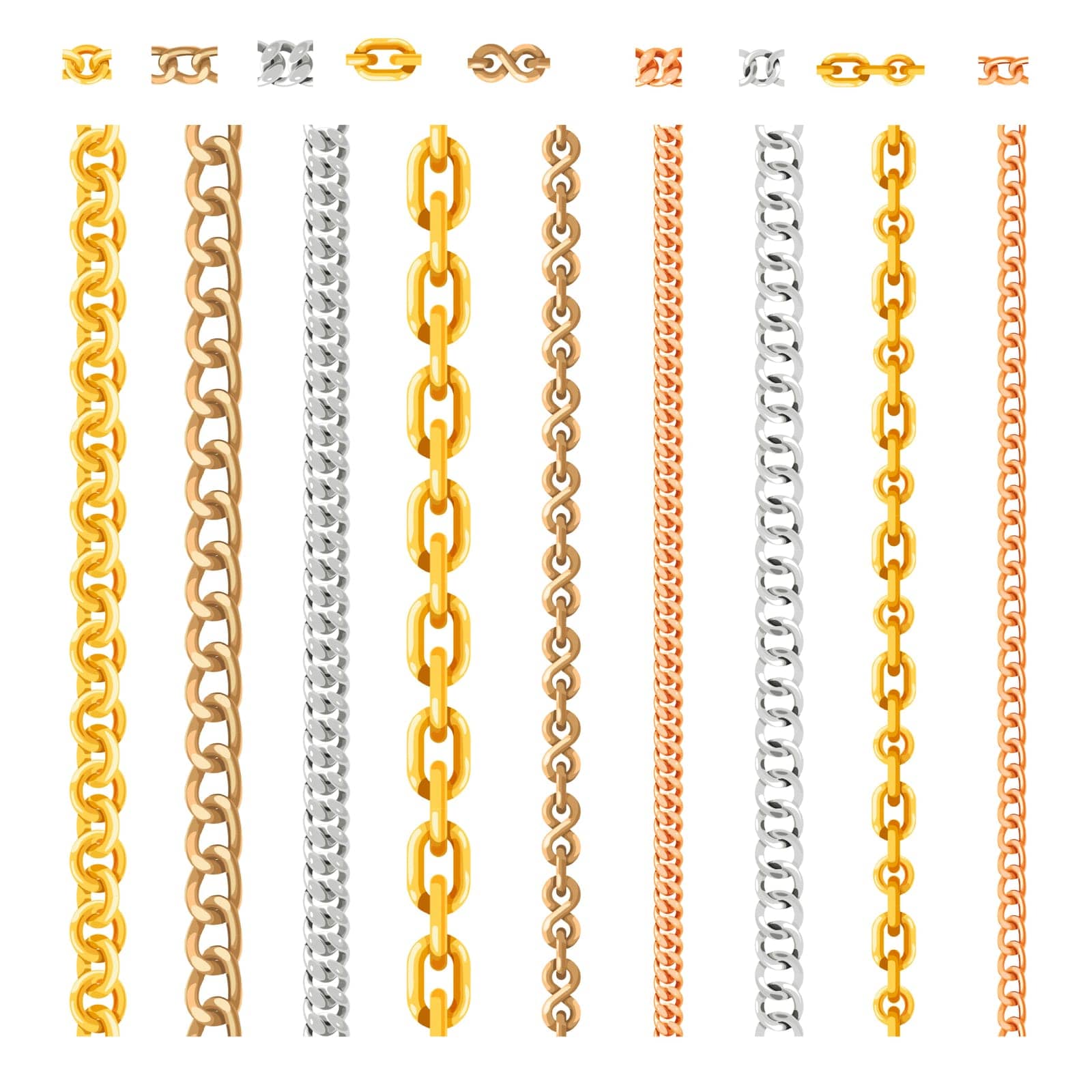 Chainlets with variety chain links for men and women. Gold and silver, stainless steel and copper necklaces. Jewels from precious metals. Advertising and fashion concept. Vector in flat style