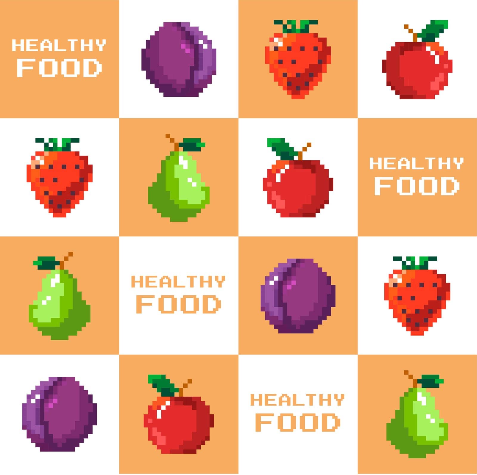 Fruit pixel art, tasty and ripe products, healthy food. Organic and natural ingredients for balanced nourishment and nutrition. Pixelated apples and pears, plums and strawberries. Vector in flat style
