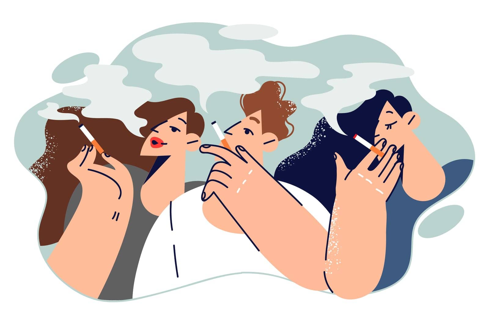People smoke cigarettes and exhale toxic fumes, risking lung cancer or making passersby passive smokers. Man and two girls smoke, exposing body to harmful effects of combustion of nicotine or tobacco