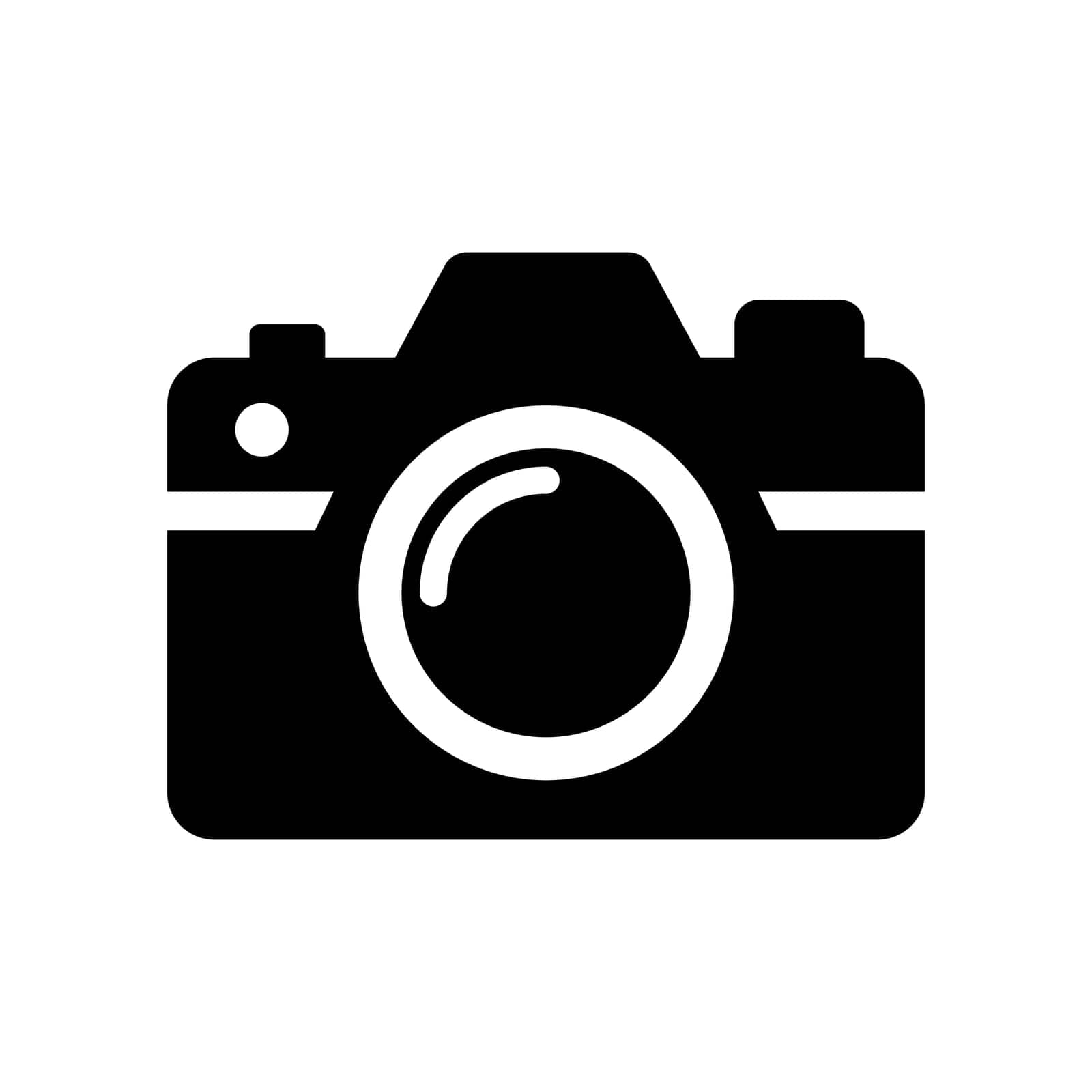 Camera icon. Photo camera symbol. Black icon of camera isolated on white background. Vector illustration.