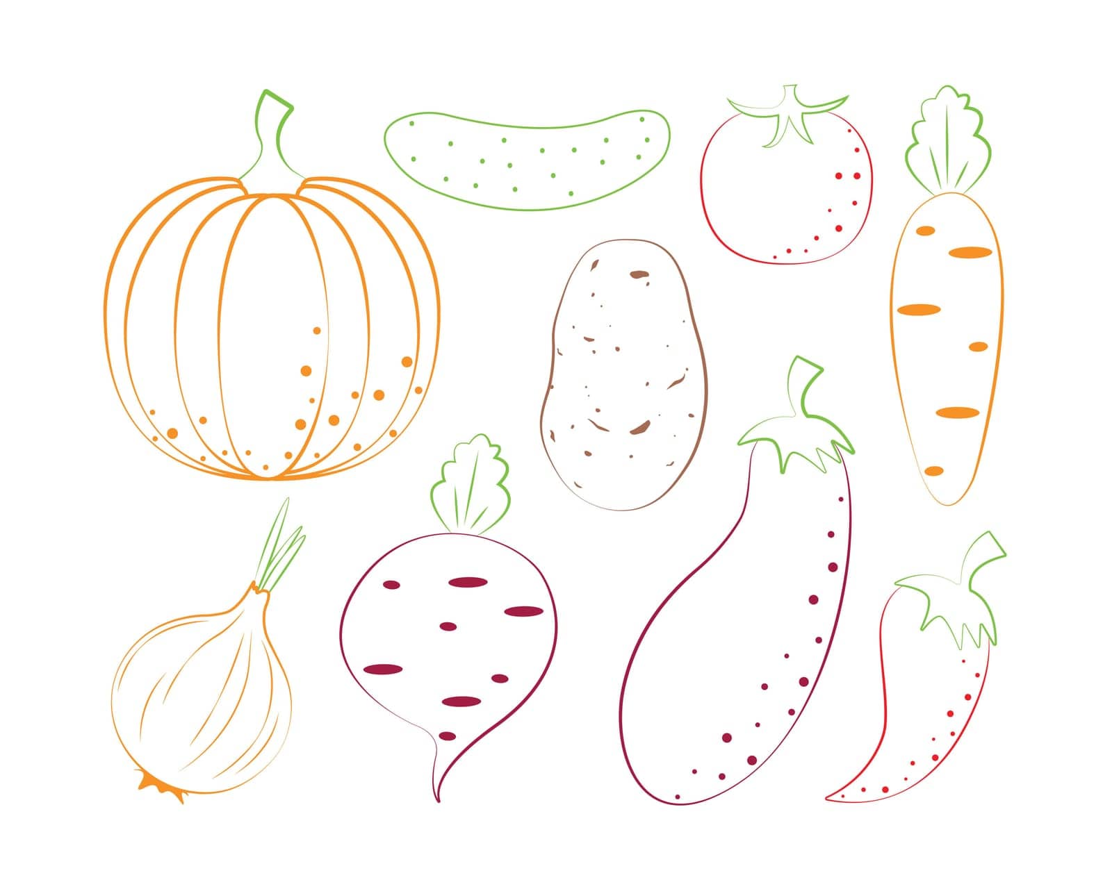 Vegetables coloring book. A children s coloring book featuring fruits such as pumpkin, carrots, peppers and beets, as well as cucumber, onion, tomato and potatoes with eggplant. Garden vegetables. by NastyaN