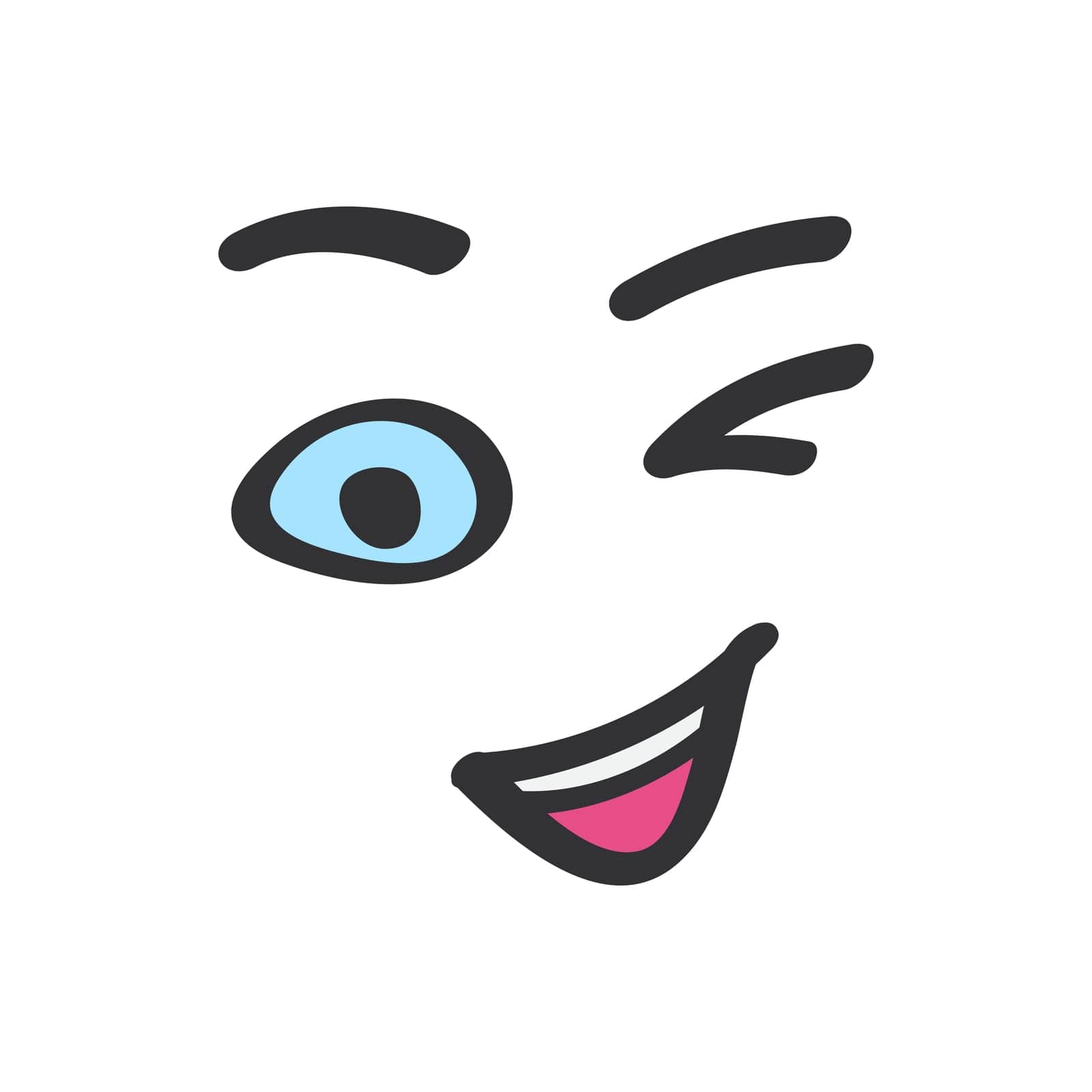 Wink of cute face in doodle style, happy smile and joke of character vector illustration