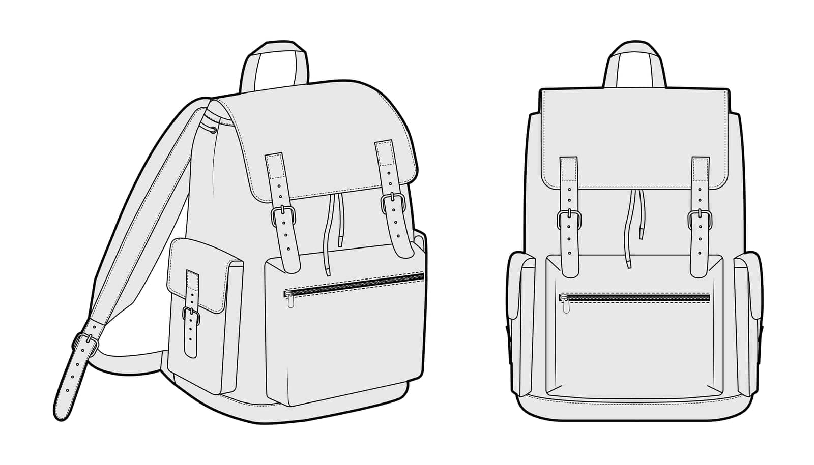 Adventure backpack silhouette bag. Fashion accessory technical illustration. Vector schoolbag front 3-4 view for Men by Vectoressa