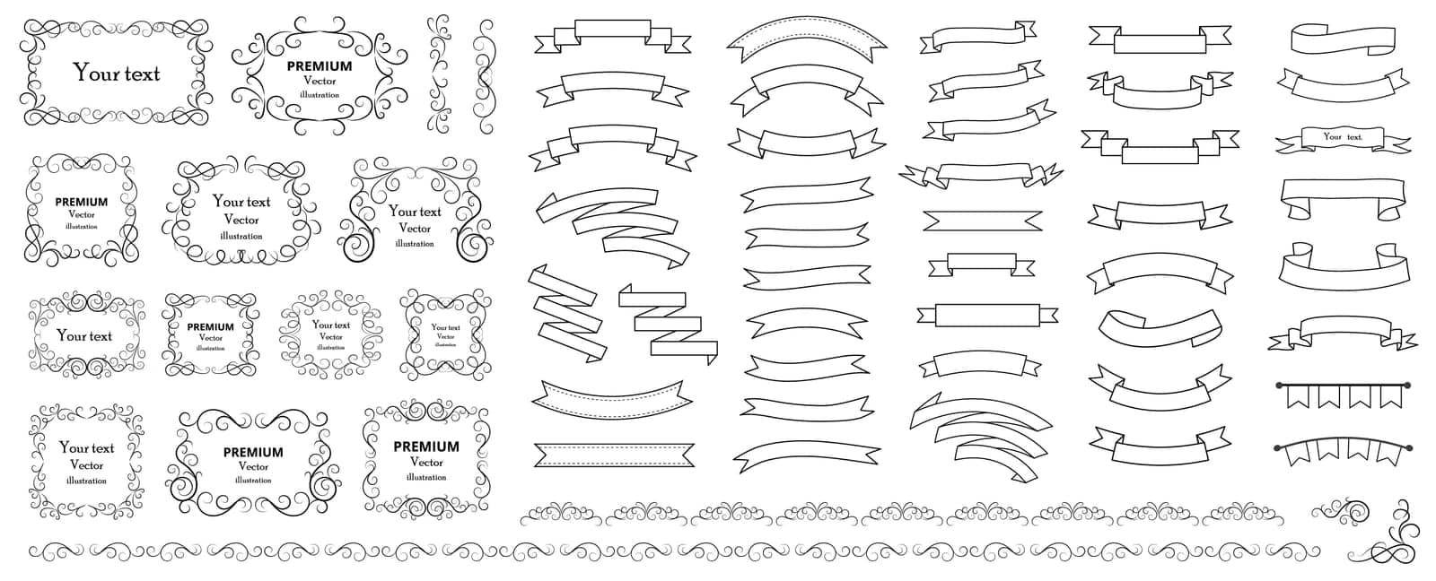 Calligraphic design elements . Ribbon elements. Decorative swirls or scrolls, vintage frames , flourishes, labels and dividers. Retro vector illustration.