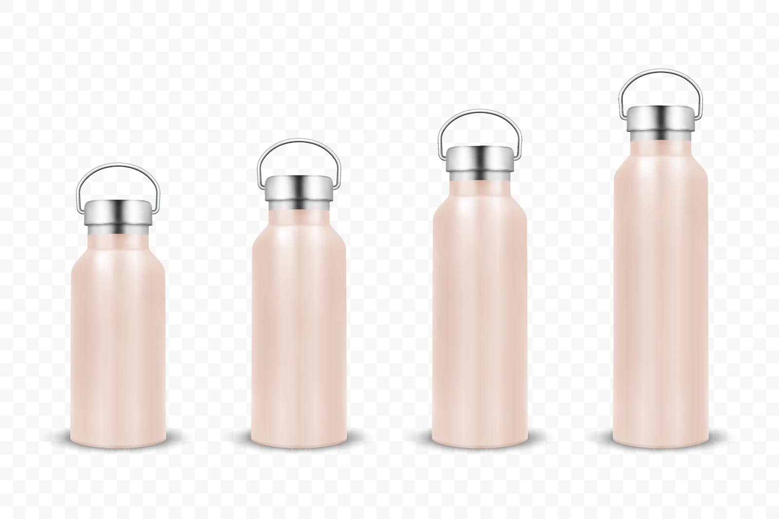Vector Realistic 3d Pink Color Metal or Plastic Blank Glossy Reusable Water Bottle Set with Silver Bung Closeup Isolated on White Background. Design Template of Packaging Mockup. Front View.