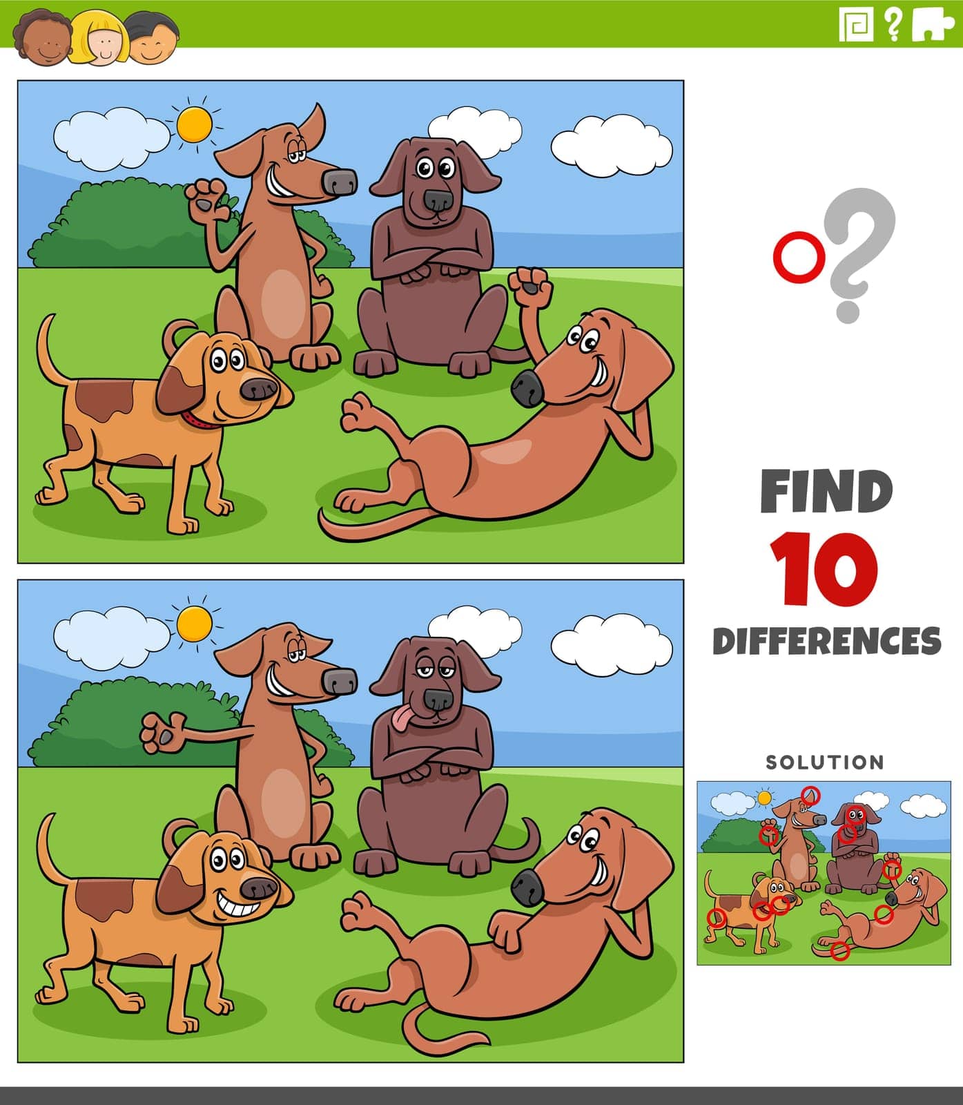 Cartoon illustration of finding the differences between pictures educational game with dogs and puppies animal characters group