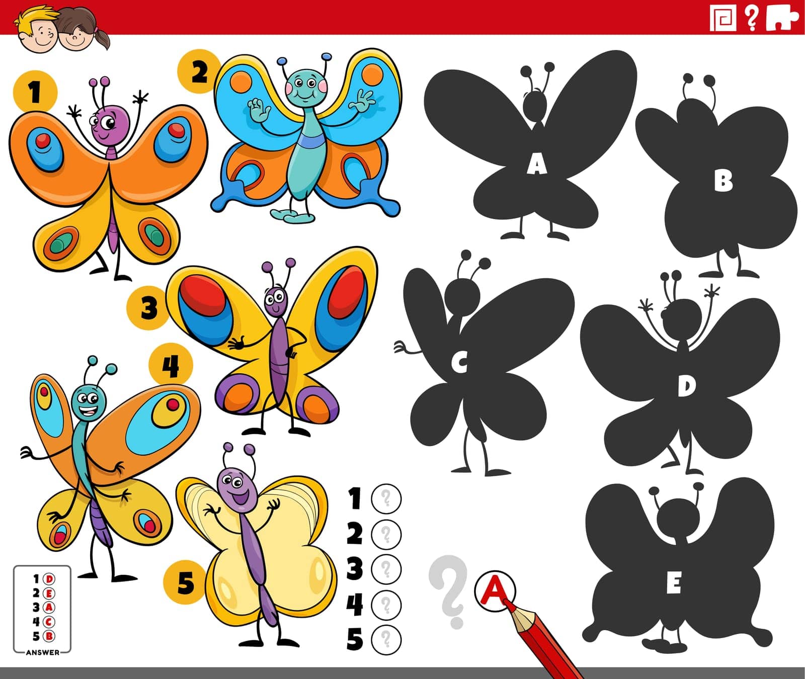 Cartoon illustration of finding the right shadows to the pictures educational activity with butterflies characters