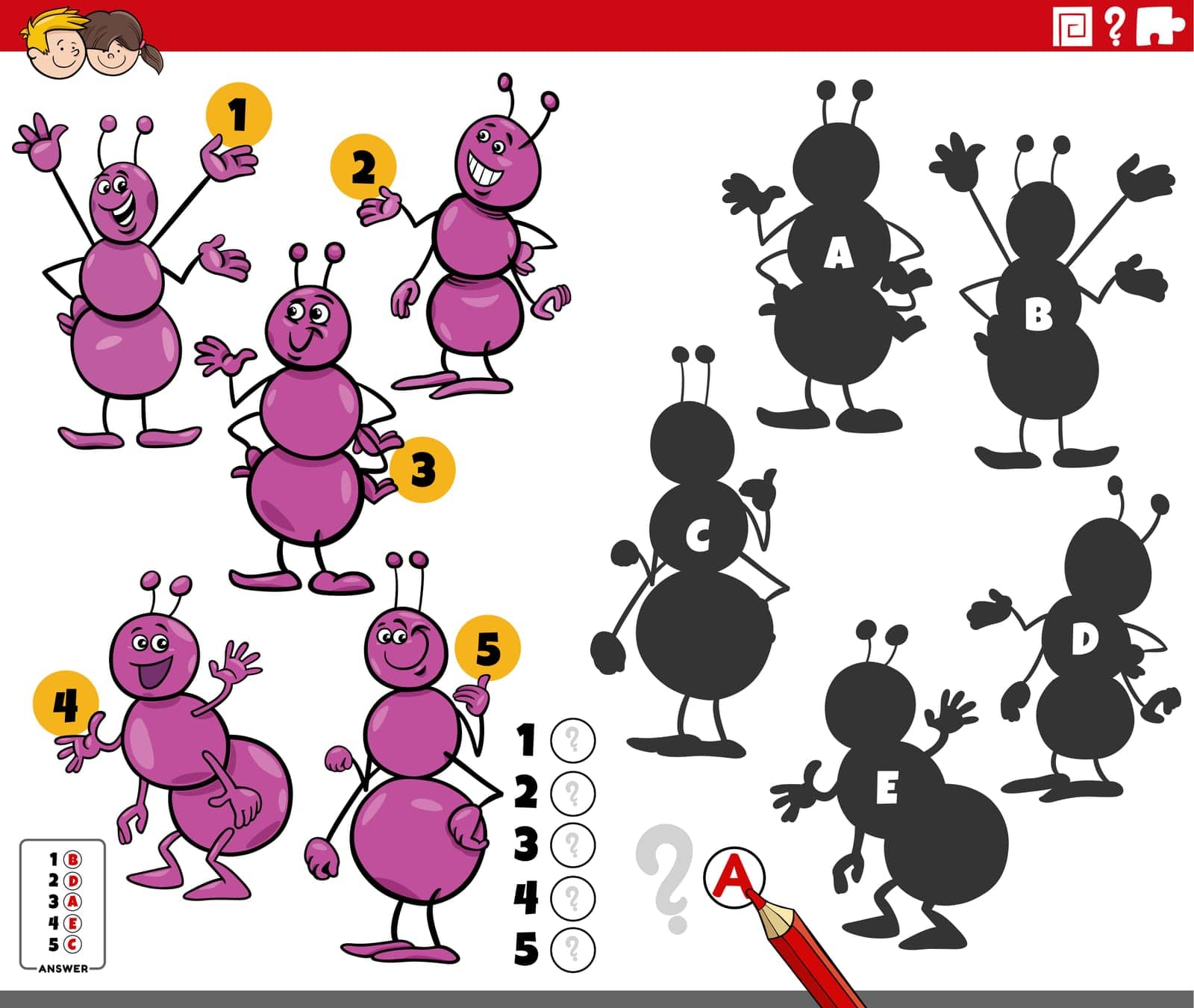 Cartoon illustration of finding the right shadows to the pictures educational activity with ants insect animal characters
