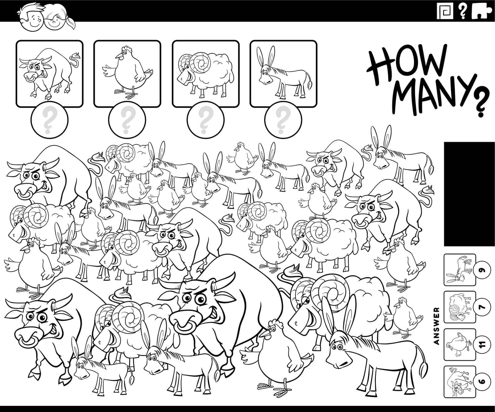 illustration of educational counting activity with cartoon farm animal characters coloring page