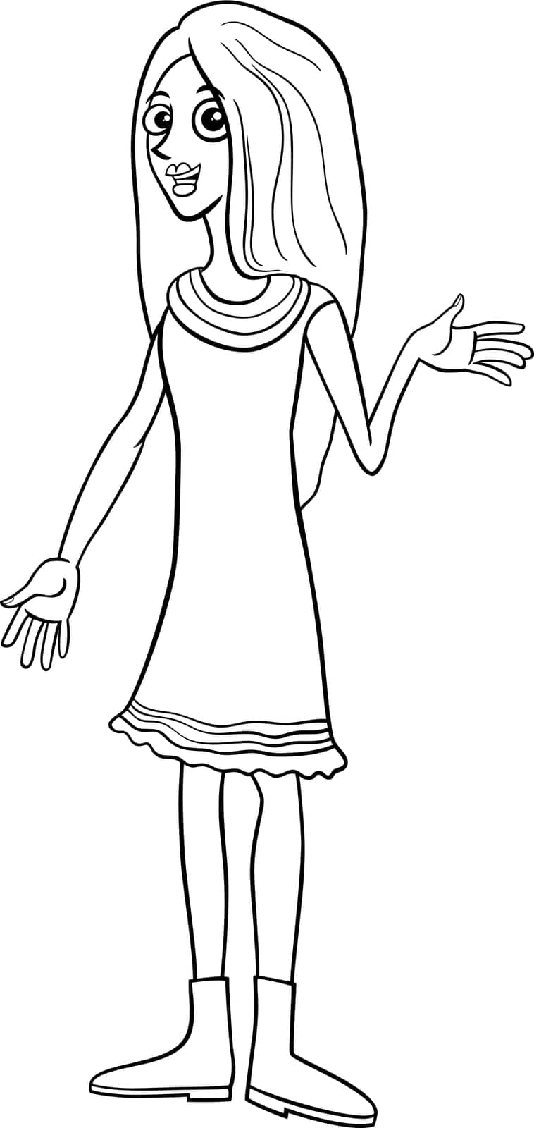 Cartoon illustration of funny girl or young woman comic character coloring page