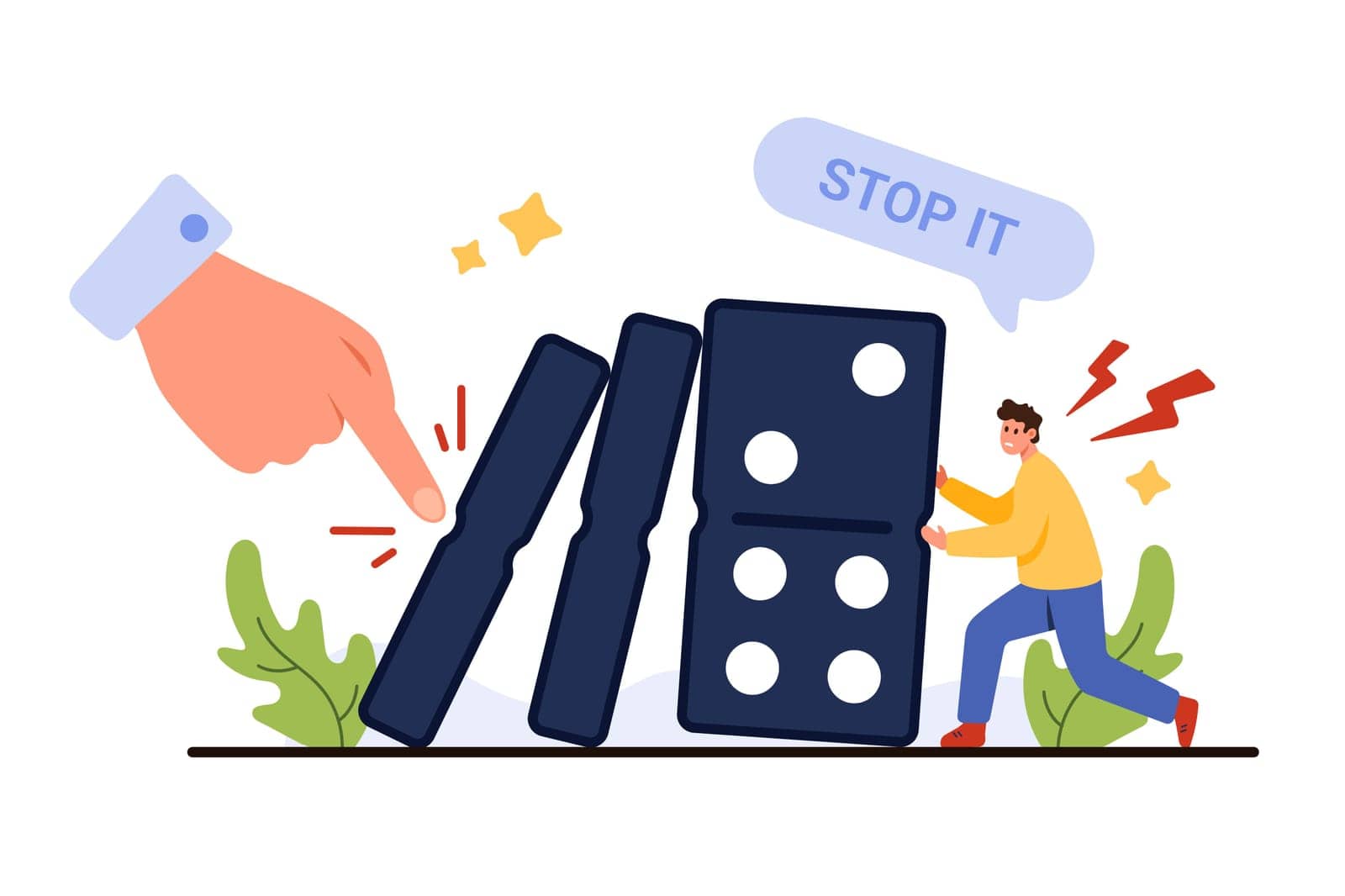 Proactive crisis management, conflict and struggle for stability of company. Giant hand of businessman pushing domino blocks, tiny man trying to stop falling with effort cartoon vector illustration