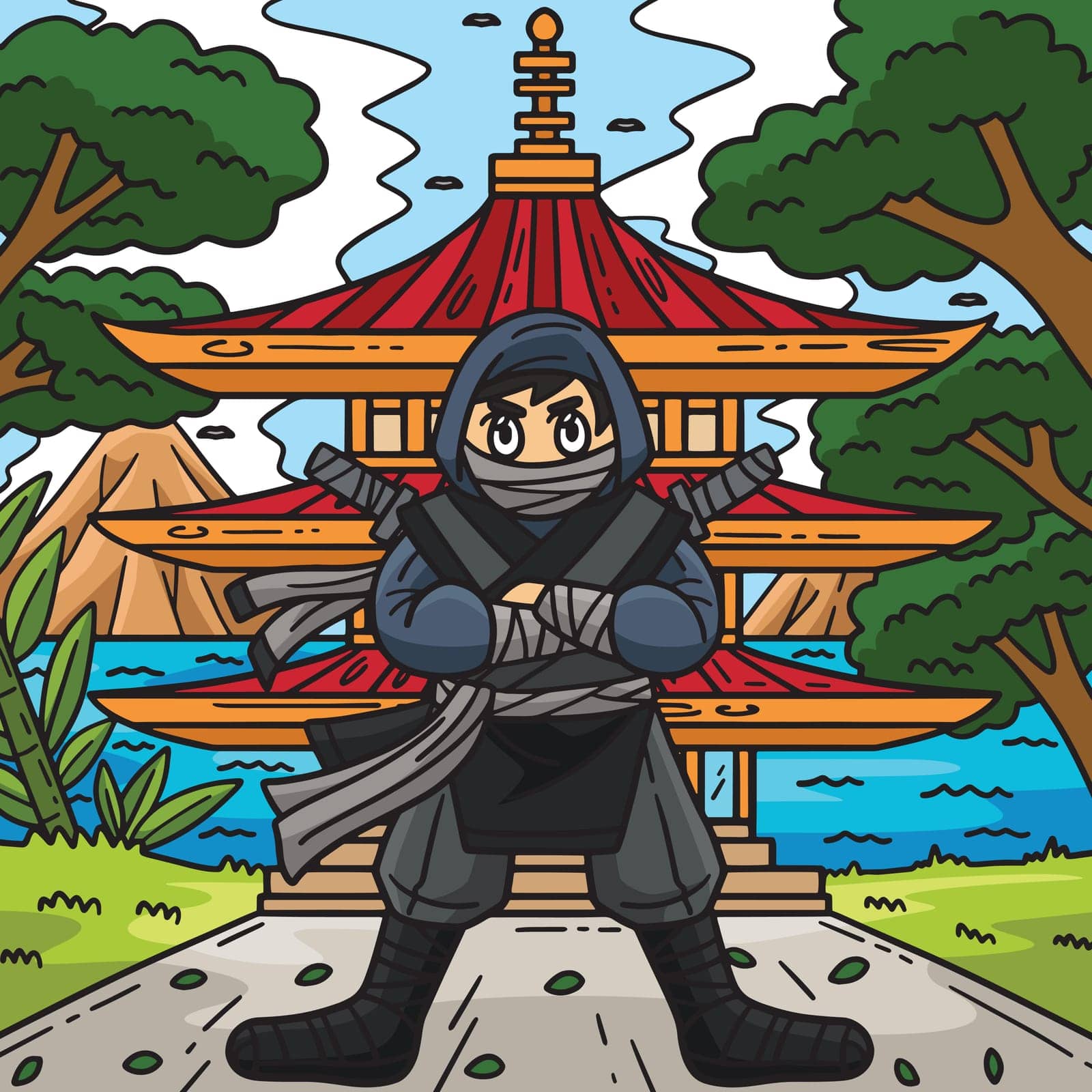 This cartoon clipart shows a Ninja in front of a Pagoda illustration.