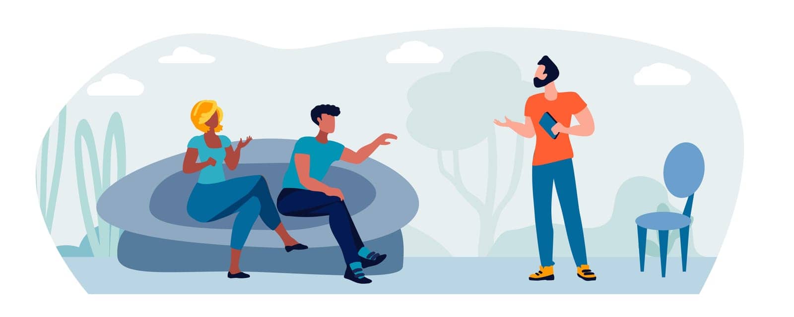People talking against the backdrop of nature. Discussion. Friends chatting. Employee dialogues. Informal communication concept. Vector illustration