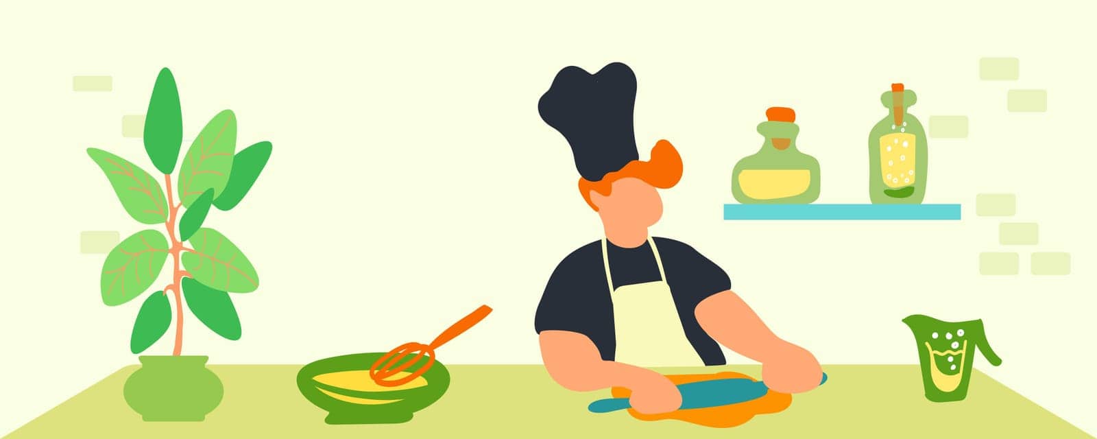 The chef rolls out the dough. Preparing desserts and pastries. Kitchen, green interior. Traditional European American cuisine. Man, cook, spices, dishes, sweets. Healthy eating concept. Vector illustration.