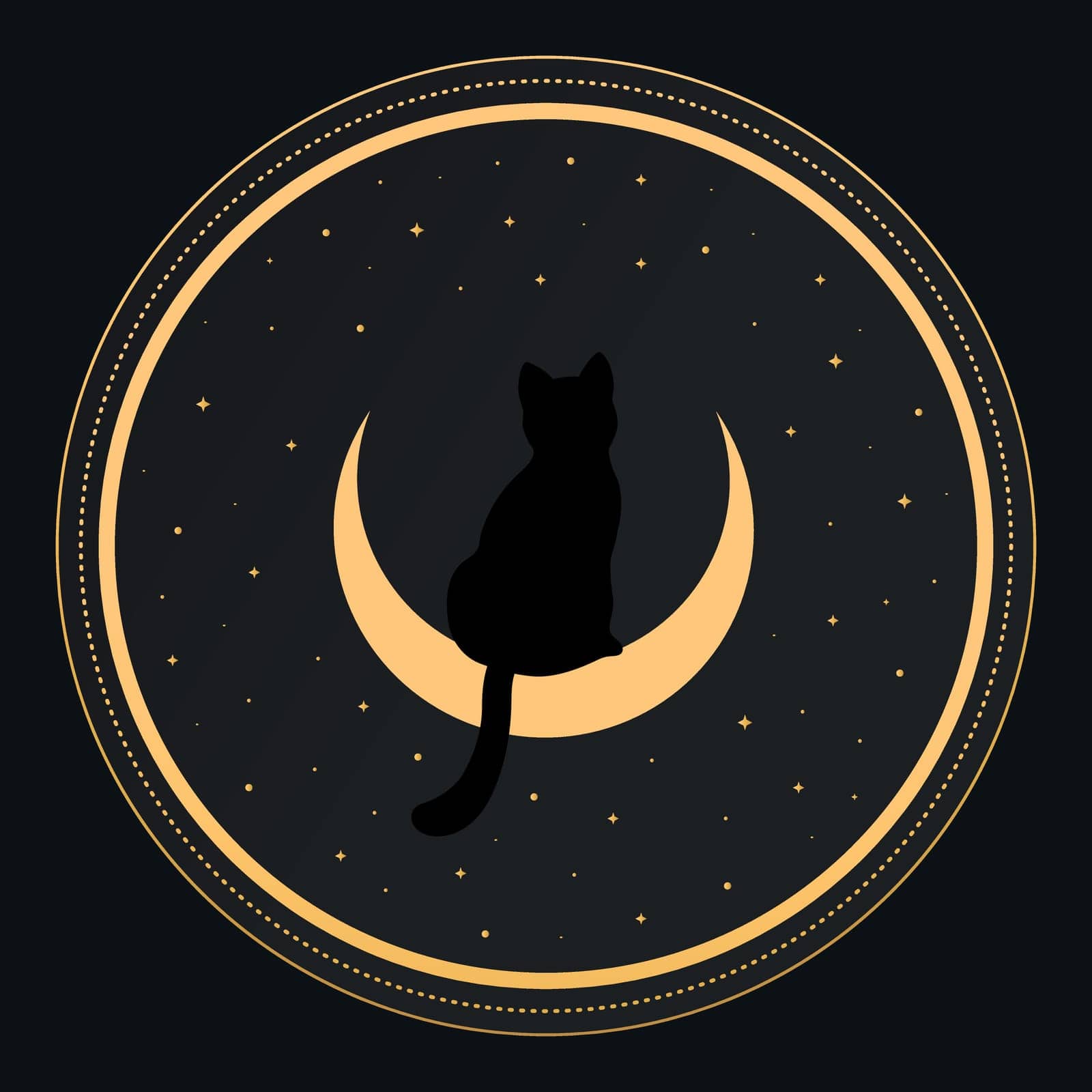 Black cat sitting on a crescent. Back view. Magic and sorcery background. Vector illustration by psychoche