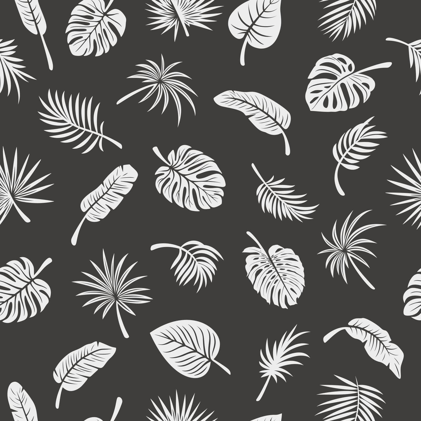 Vector Seamless Pattern with Tropical Leaf Silhouettes. Flat Vector Black and White Cutout Style Monstera, Ficus, Banana Leaf, Dracaena, Sabal Palm Leaves, Isolated by Gomolach
