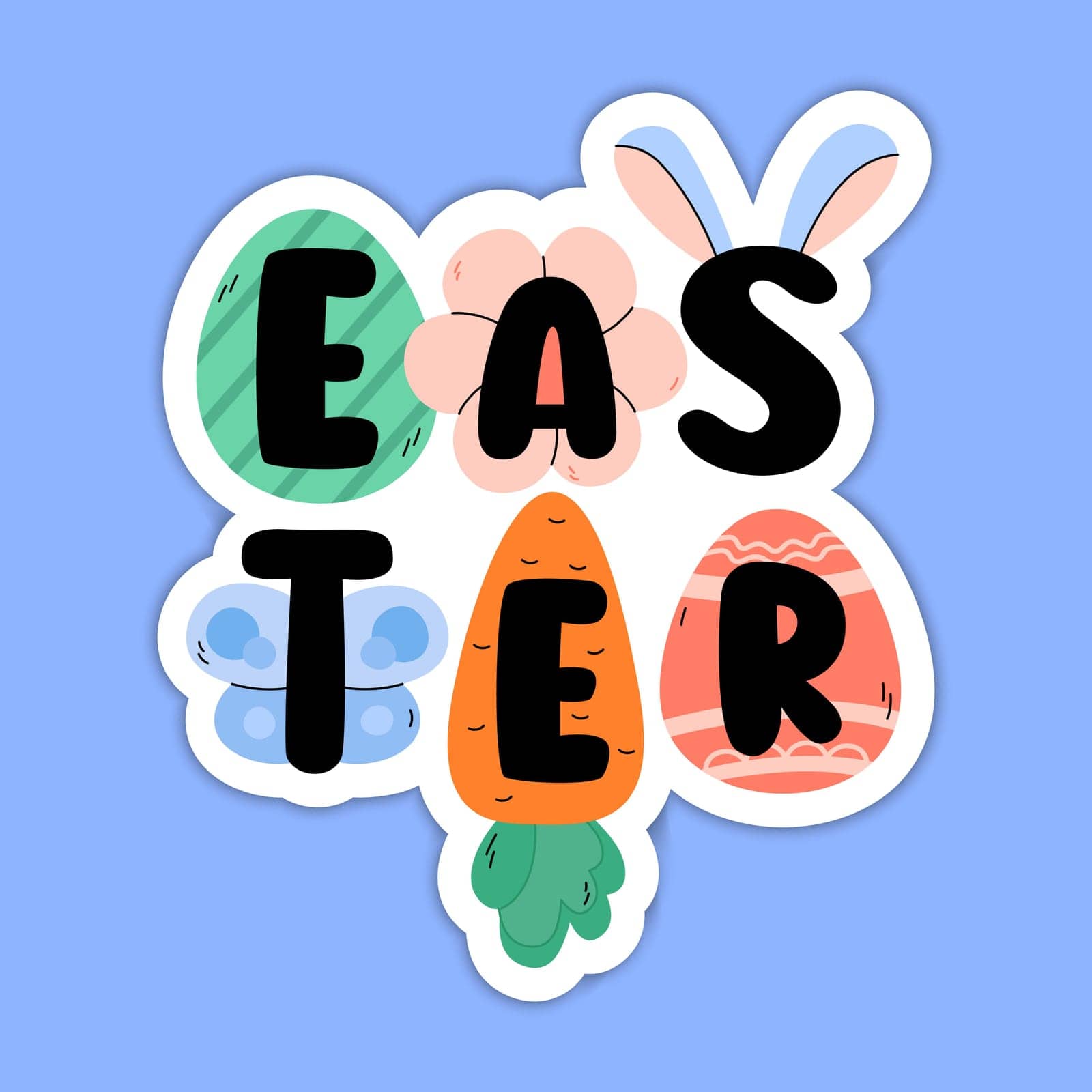 Easter cute cartoon vector illustration. Easter print colorful for greeting cards, posters, web banners, stickers. Doodle elements eggs, flower, bunny, carrot.