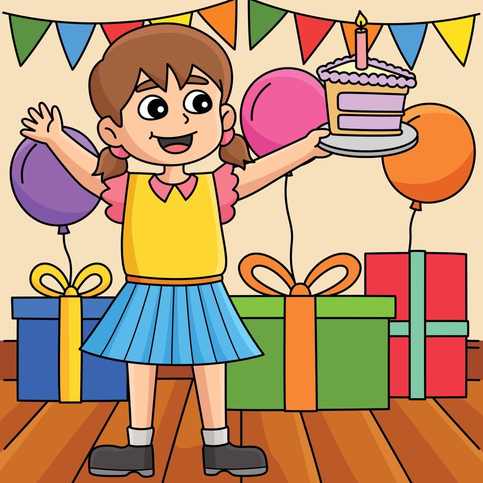 This cartoon clipart shows a Girl Holding a Happy Birthday Cake illustration.