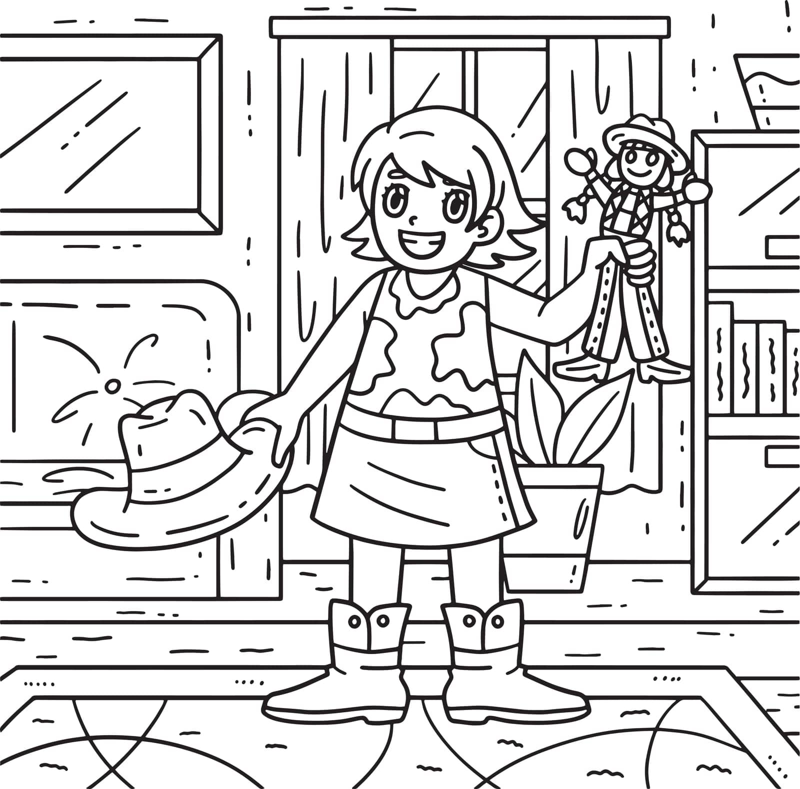 A cute and funny coloring page of a Cowgirl Child with Doll. Provides hours of coloring fun for children. To color, this page is very easy. Suitable for little kids and toddlers.