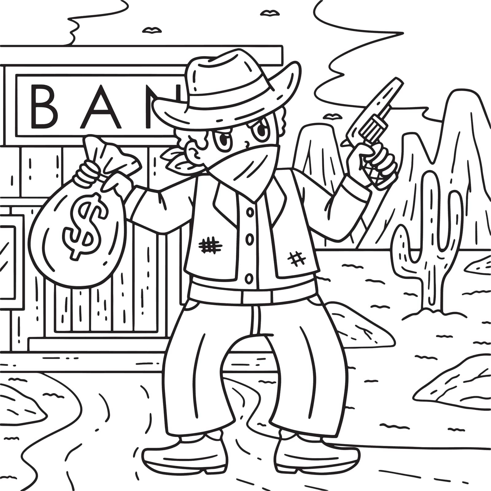 A cute and funny coloring page of a Cowboy Bandit. Provides hours of coloring fun for children. To color, this page is very easy. Suitable for little kids and toddlers.