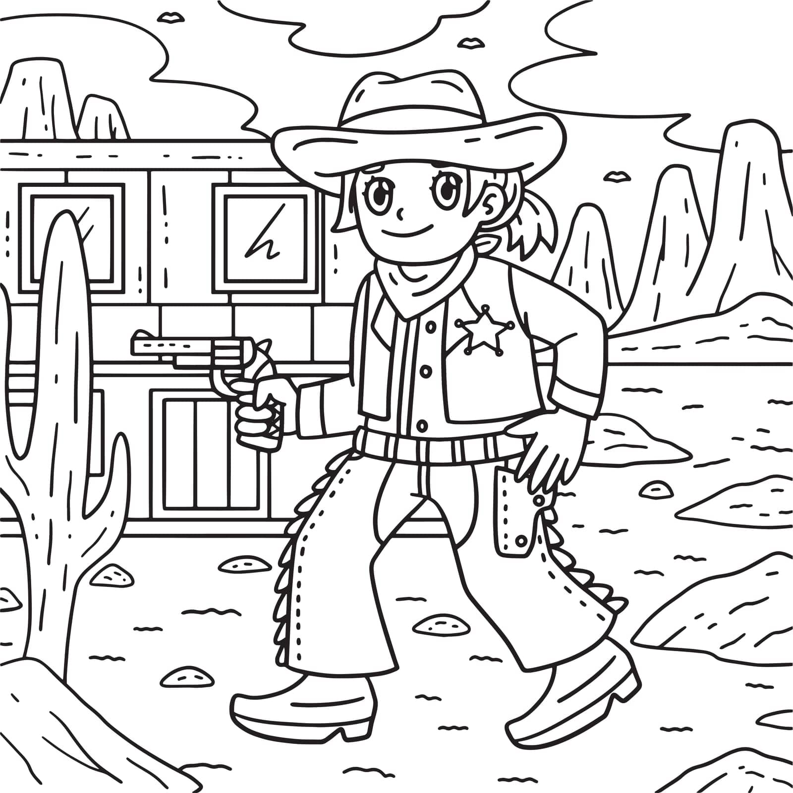 A cute and funny coloring page of a Cowgirl with a Gun. Provides hours of coloring fun for children. To color, this page is very easy. Suitable for little kids and toddlers.