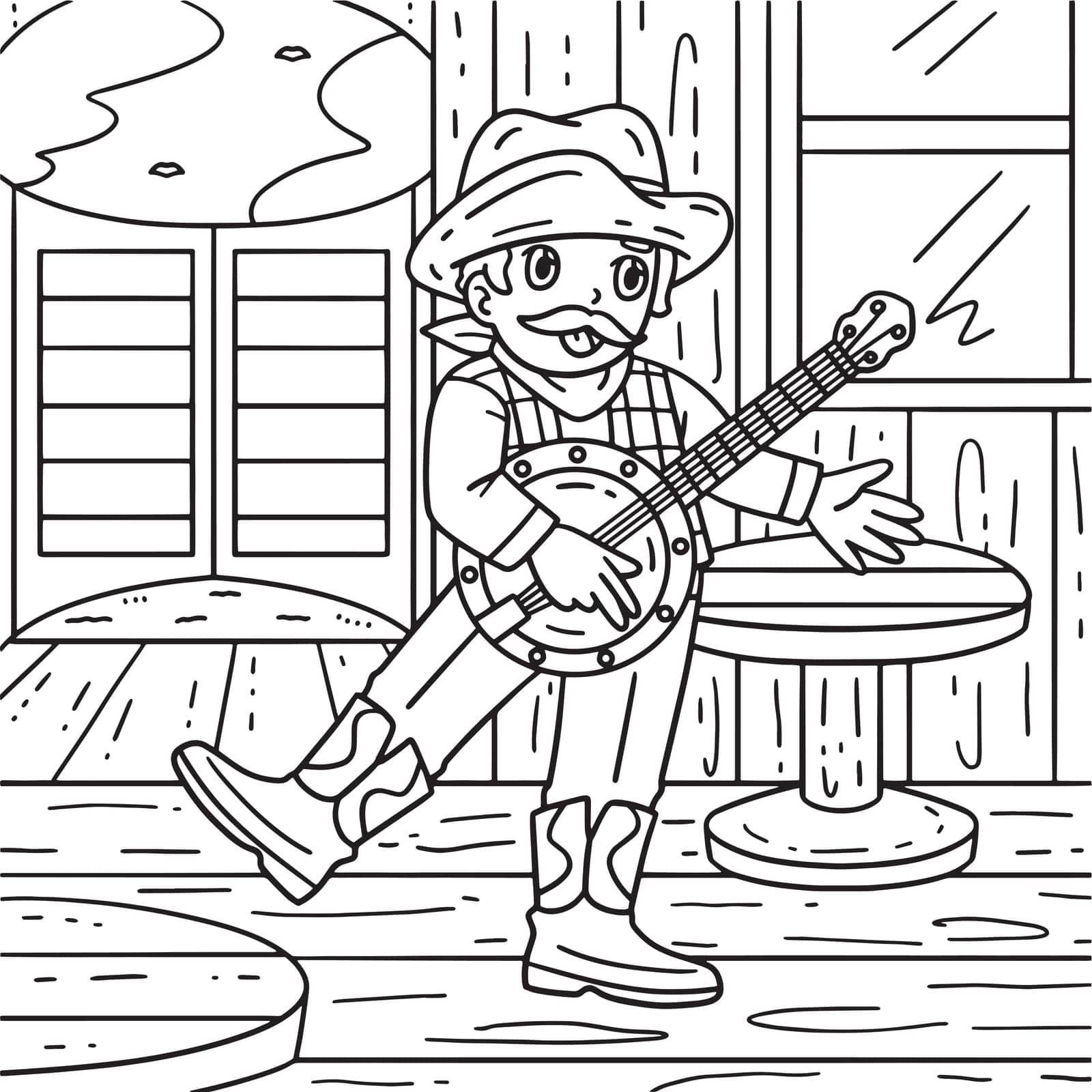 A cute and funny coloring page of a Cowboy Playing Banjo. Provides hours of coloring fun for children. To color, this page is very easy. Suitable for little kids and toddlers.