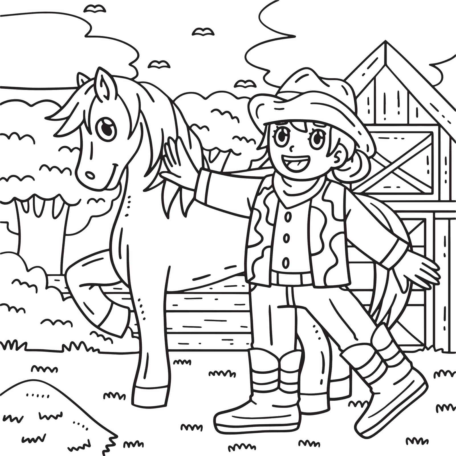A cute and funny coloring page of a Cowgirl and Pony. Provides hours of coloring fun for children. To color, this page is very easy. Suitable for little kids and toddlers.