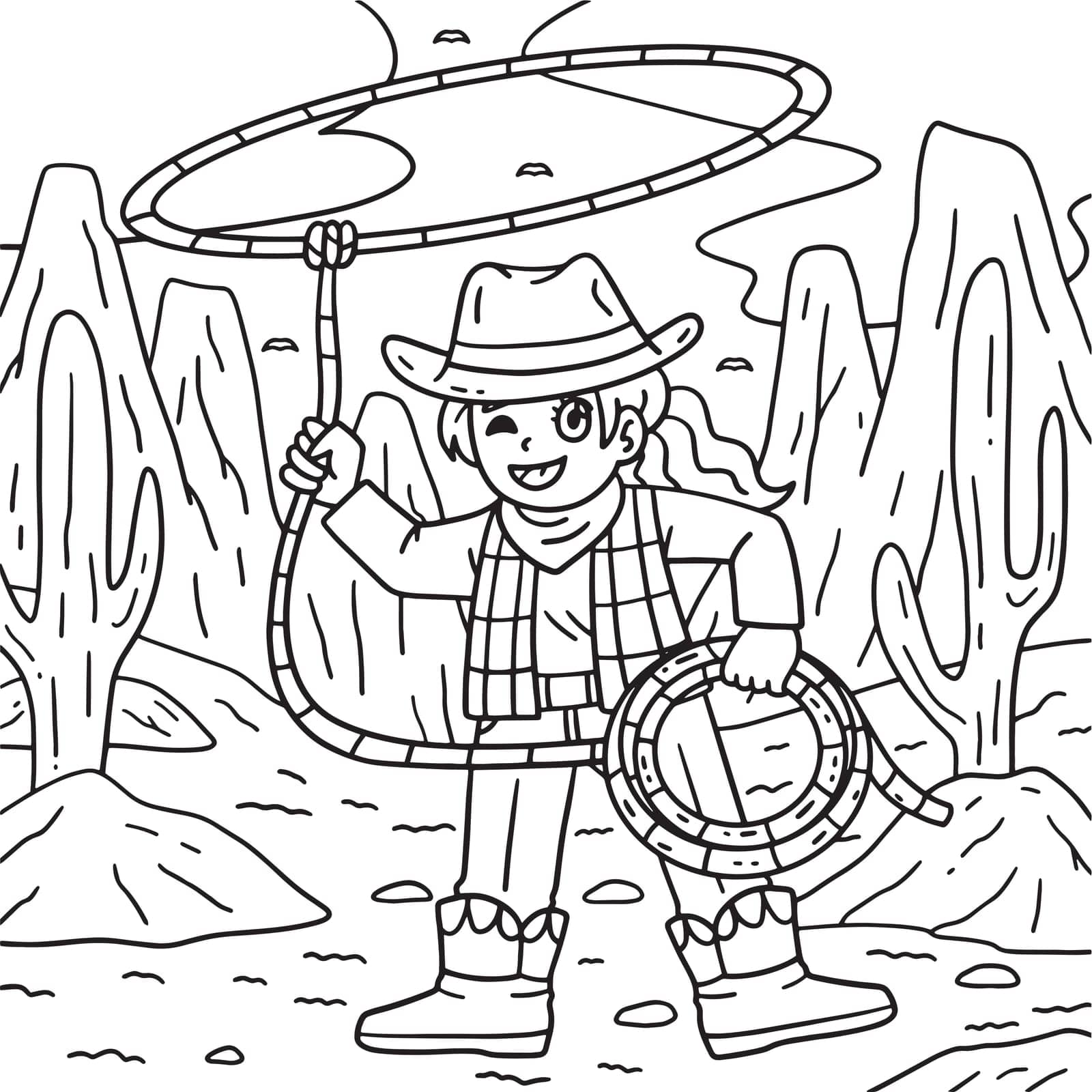 A cute and funny coloring page of a Cowgirl with Lasso. Provides hours of coloring fun for children. To color, this page is very easy. Suitable for little kids and toddlers.