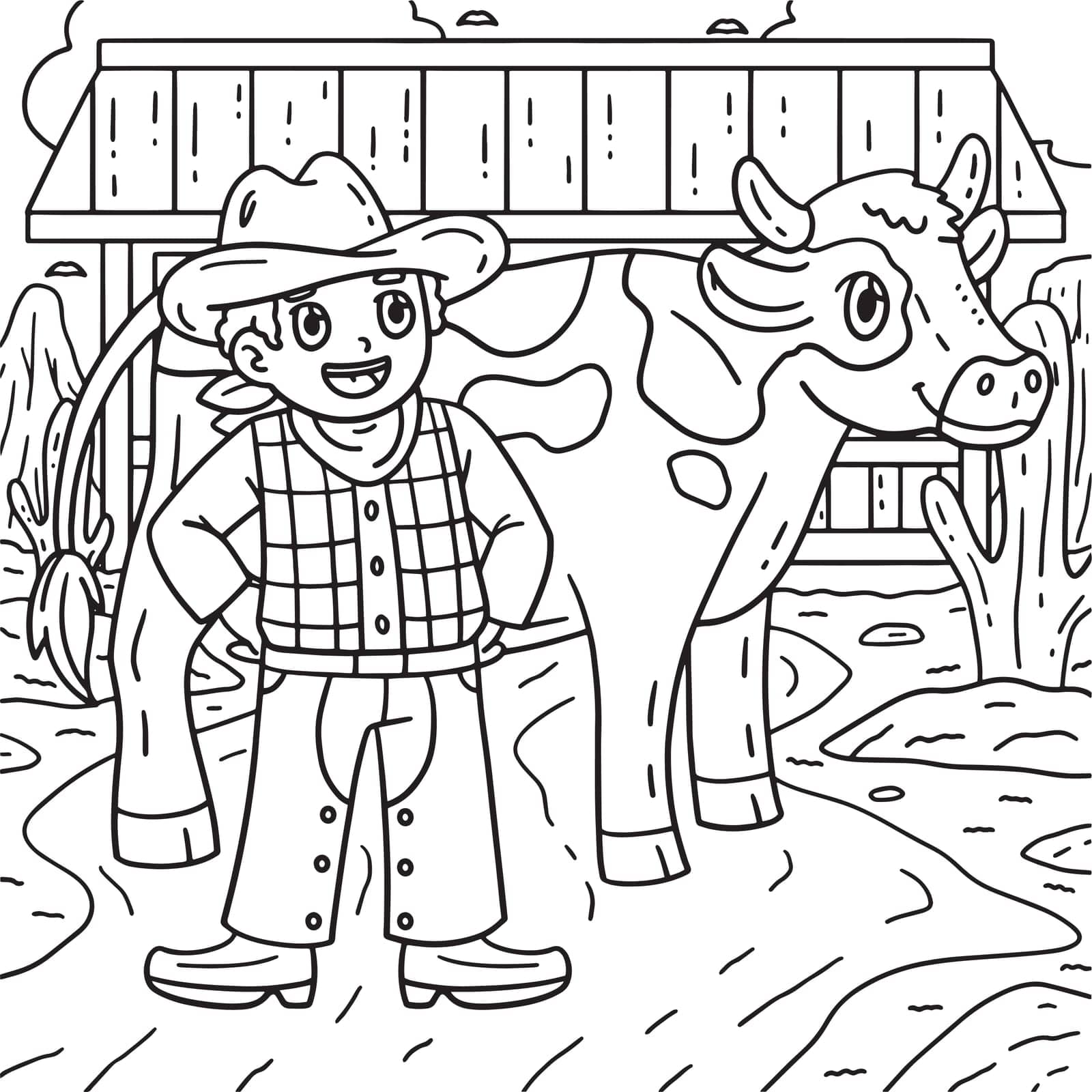 A cute and funny coloring page of a Cowboy and Cow. Provides hours of coloring fun for children. To color, this page is very easy. Suitable for little kids and toddlers.