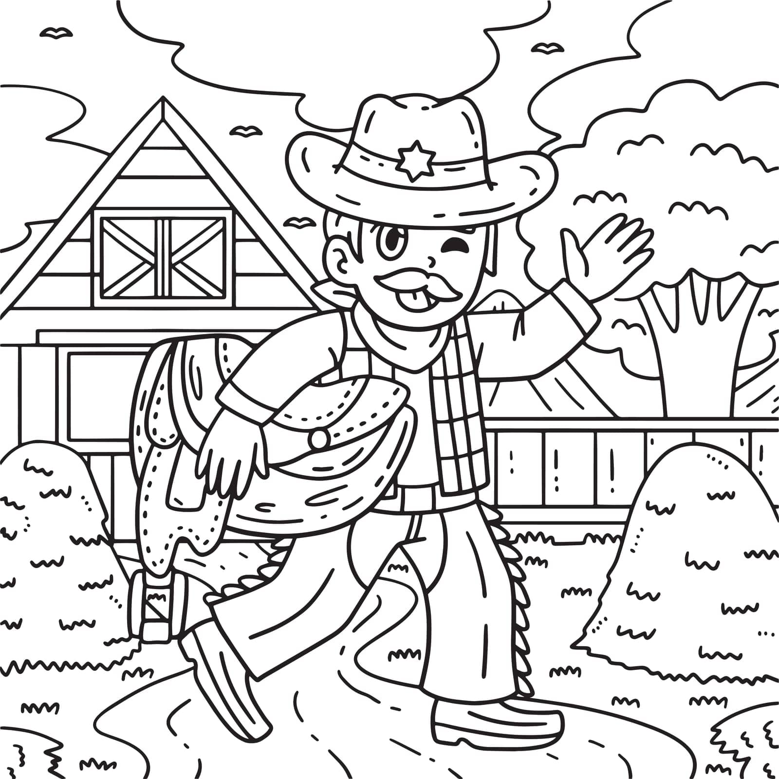 A cute and funny coloring page of a Cowboy Carrying Saddle. Provides hours of coloring fun for children. To color, this page is very easy. Suitable for little kids and toddlers.