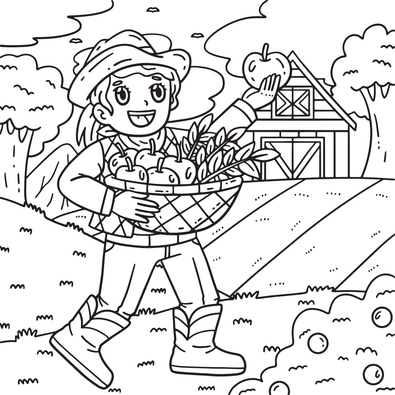 A cute and funny coloring page of a Cowgirl with a Basket of Apples and Wheat. Provides hours of coloring fun for children. To color, this page is very easy. Suitable for little kids and toddlers.