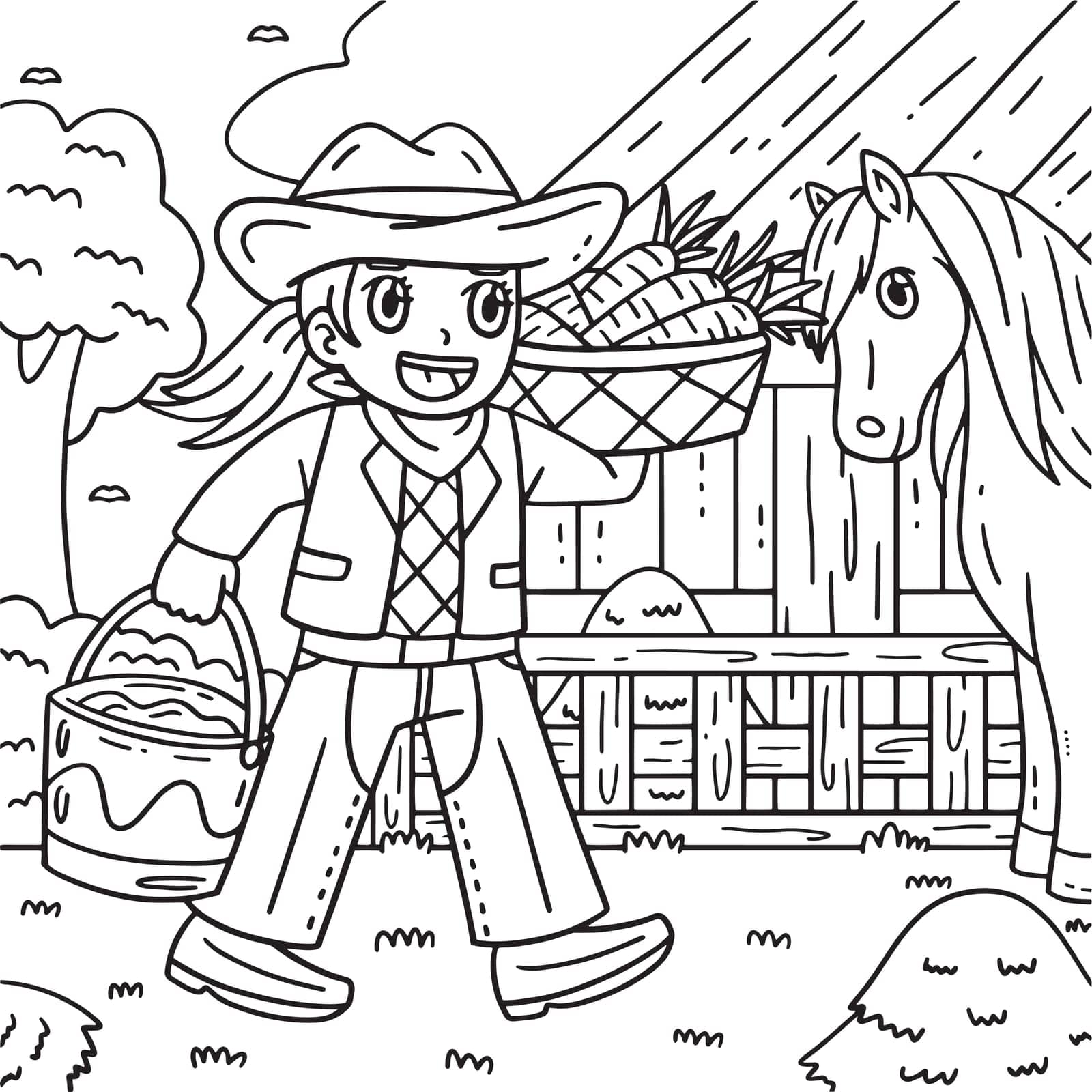 A cute and funny coloring page of a Cowgirl with Carrots and Bucket of Water. Provides hours of coloring fun for children. To color, this page is very easy. Suitable for little kids and toddlers.