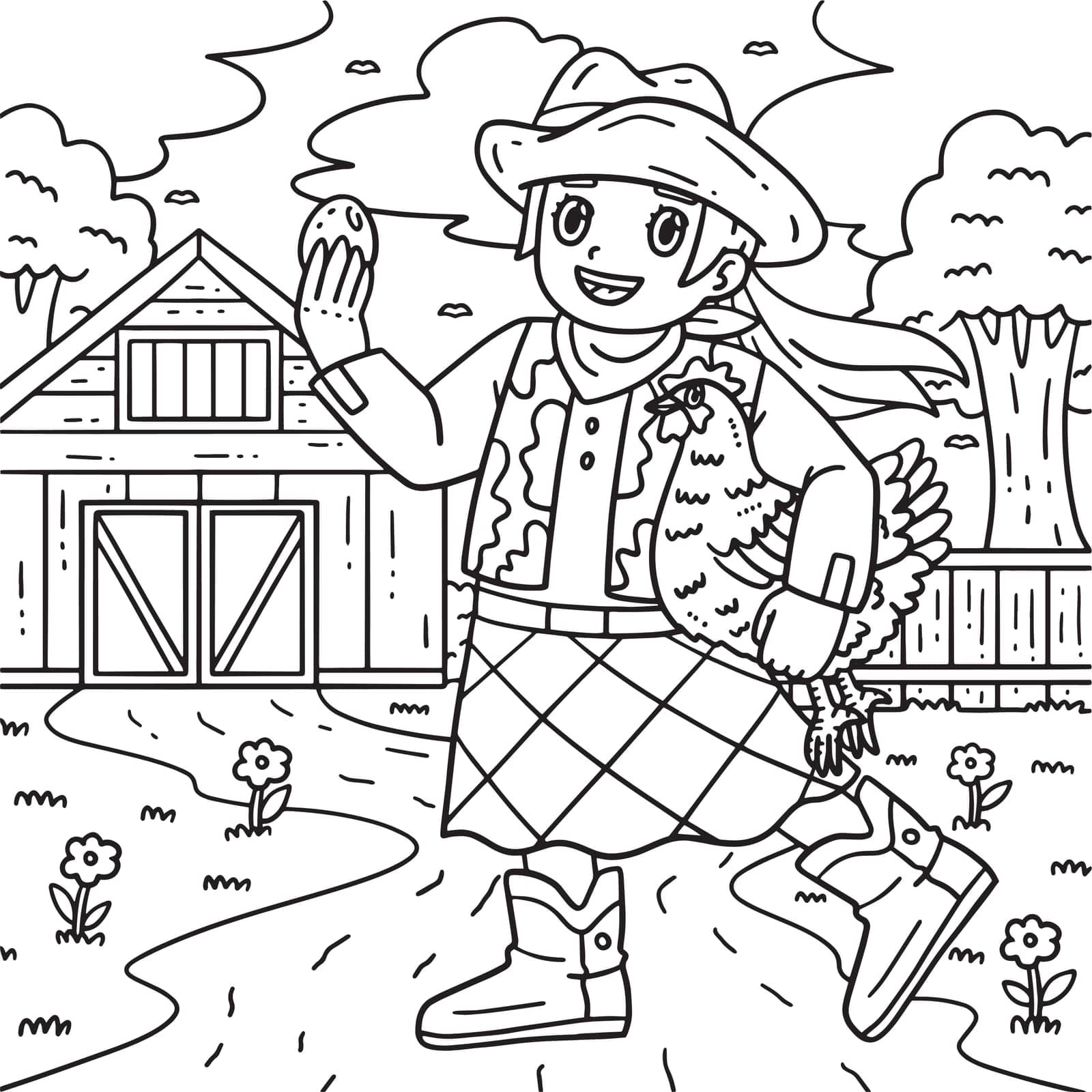 A cute and funny coloring page of a Cowgirl Carrying Chicken. Provides hours of coloring fun for children. To color, this page is very easy. Suitable for little kids and toddlers.