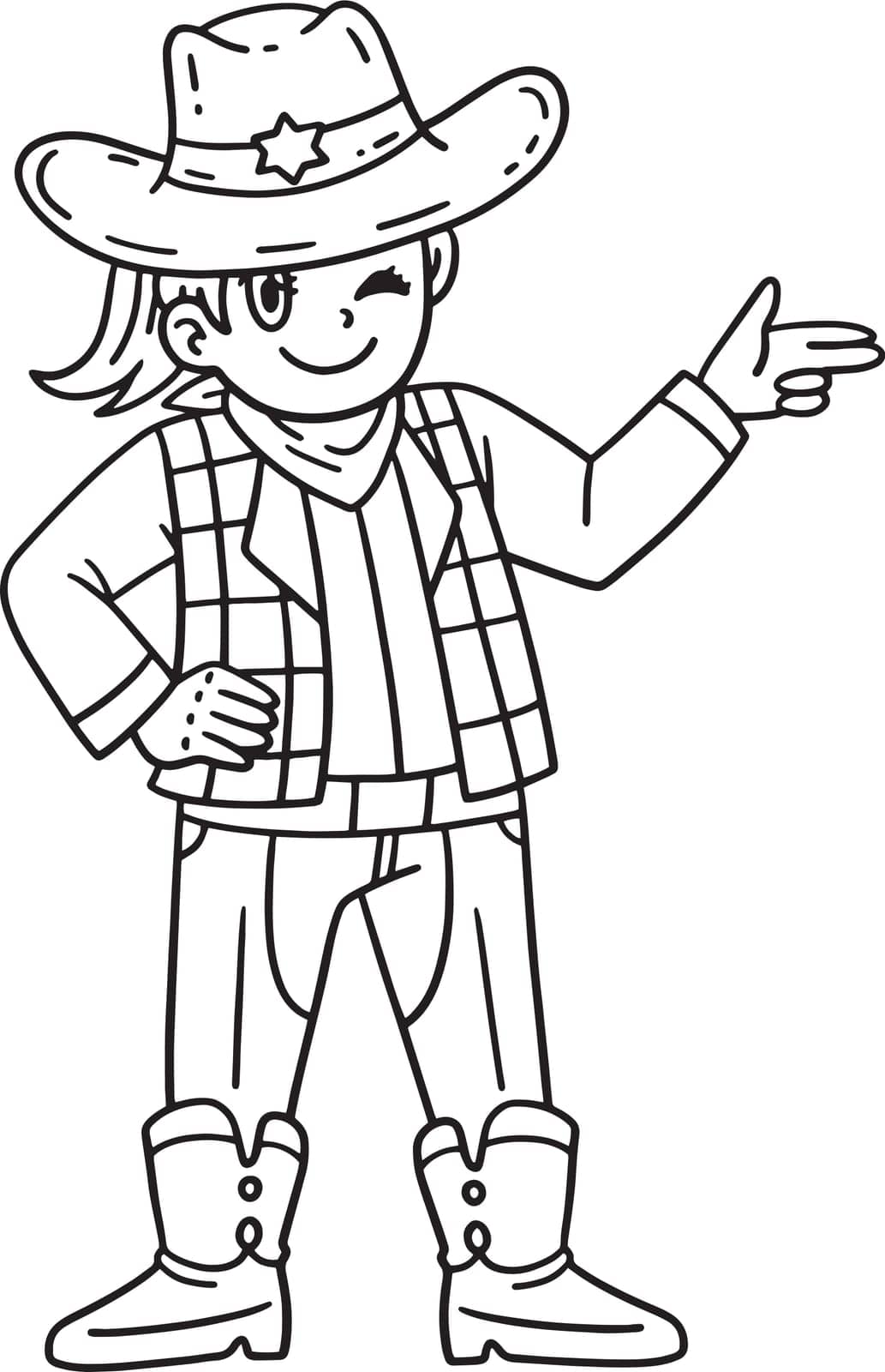 A cute and funny coloring page of a Cowgirl with the Gun Gesture. Provides hours of coloring fun for children. To color, this page is very easy. Suitable for little kids and toddlers.