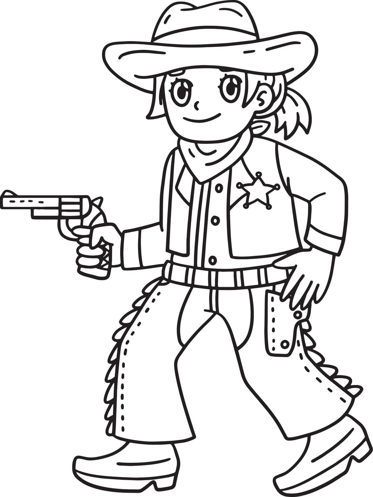 A cute and funny coloring page of a Cowgirl with a Gun. Provides hours of coloring fun for children. To color, this page is very easy. Suitable for little kids and toddlers.