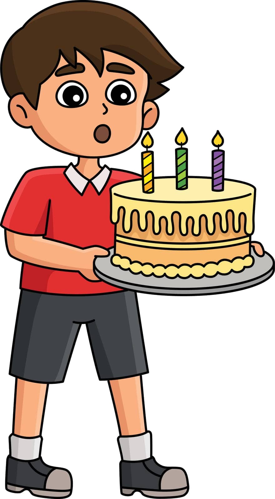 This cartoon clipart shows a Boy Blowing a Happy Birthday Cake illustration.