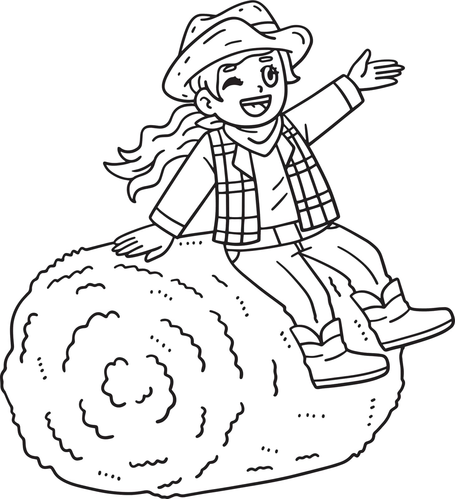 A cute and funny coloring page of a Cowgirl Sitting on Hay Bale. Provides hours of coloring fun for children. To color, this page is very easy. Suitable for little kids and toddlers.