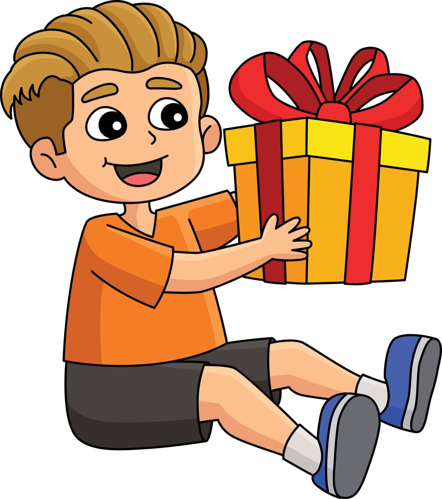This cartoon clipart shows a Boy with a Birthday Present illustration.