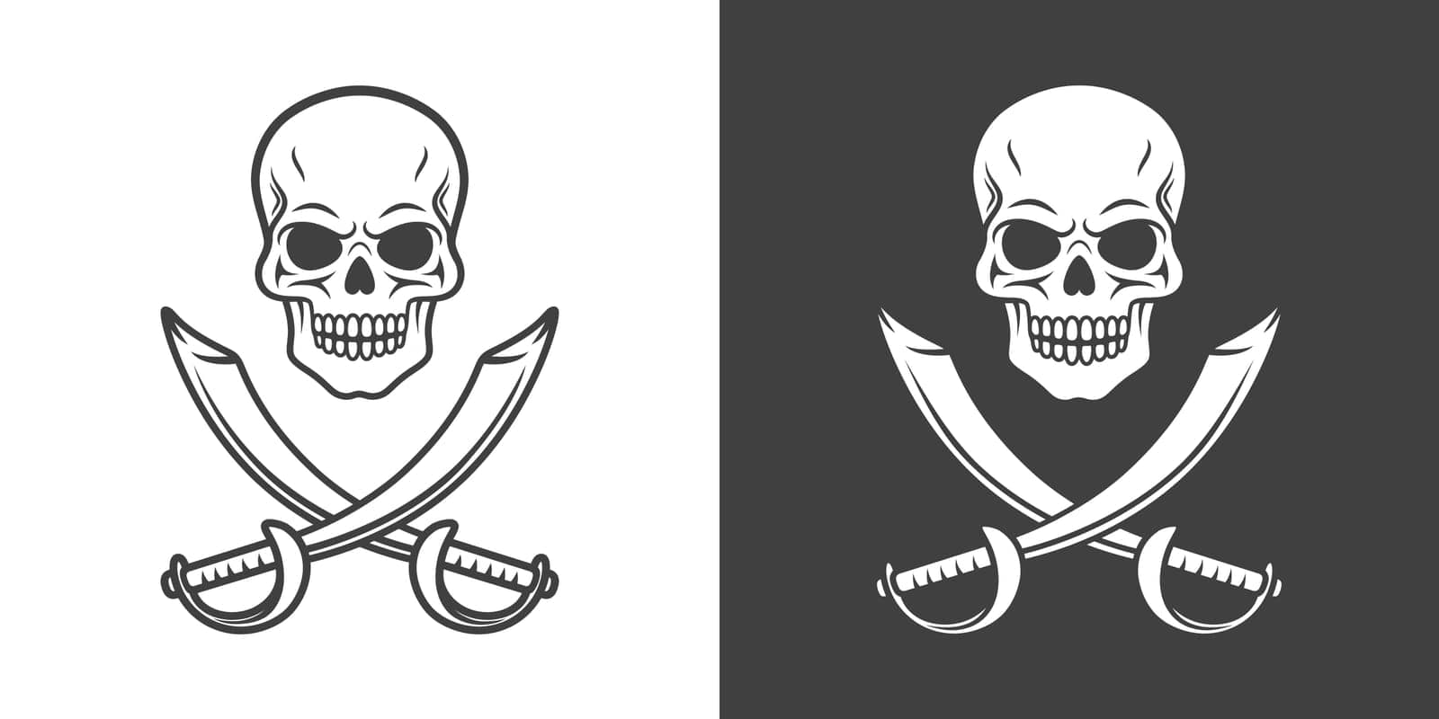 Vector Black and White Skull and Crosshairs Sabers Icon Set Closeup Isolated. Skulls Collection with Outline, Cut Out Style in Front View. Hand Drawn Skull Head Design Template by Gomolach