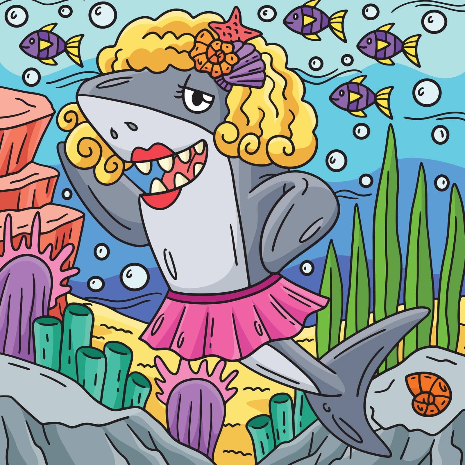 This cartoon clipart shows a Shark Wearing Wig and Skirt illustration.
