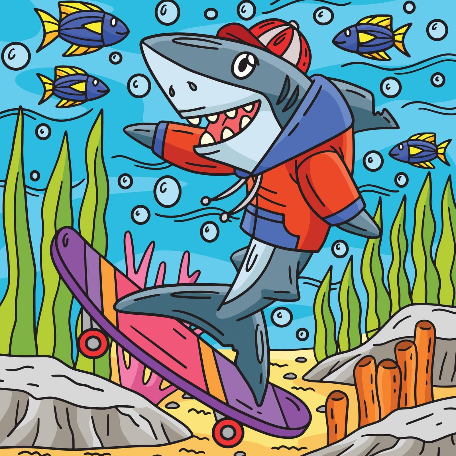 This cartoon clipart shows a Shark Skateboarding illustration.