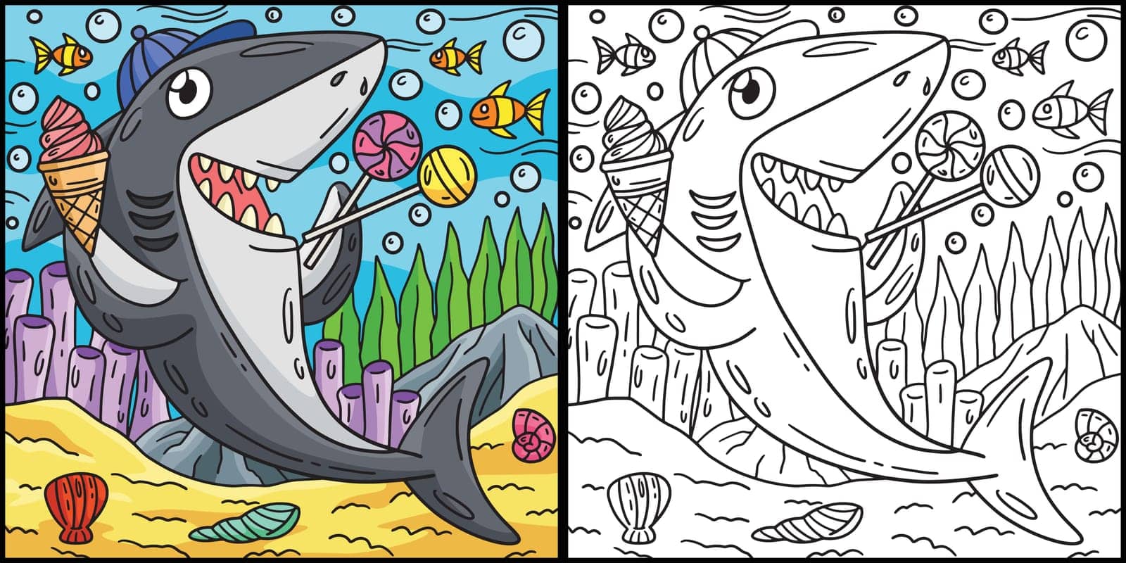 This coloring page shows a Shark with the Treat. One side of this illustration is colored and serves as an inspiration for children.