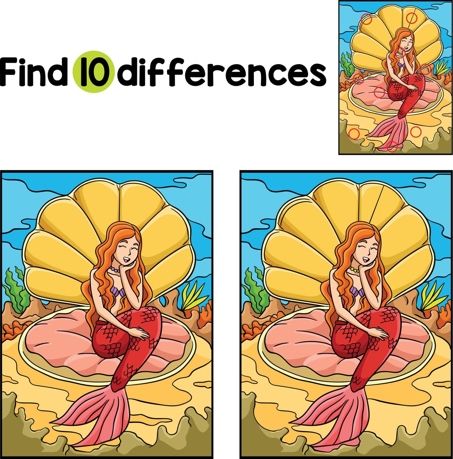 Find or spot the differences on this Beautiful Mermaid Sitting Clam Shell kids activity page. A funny and educational puzzle-matching game for children.