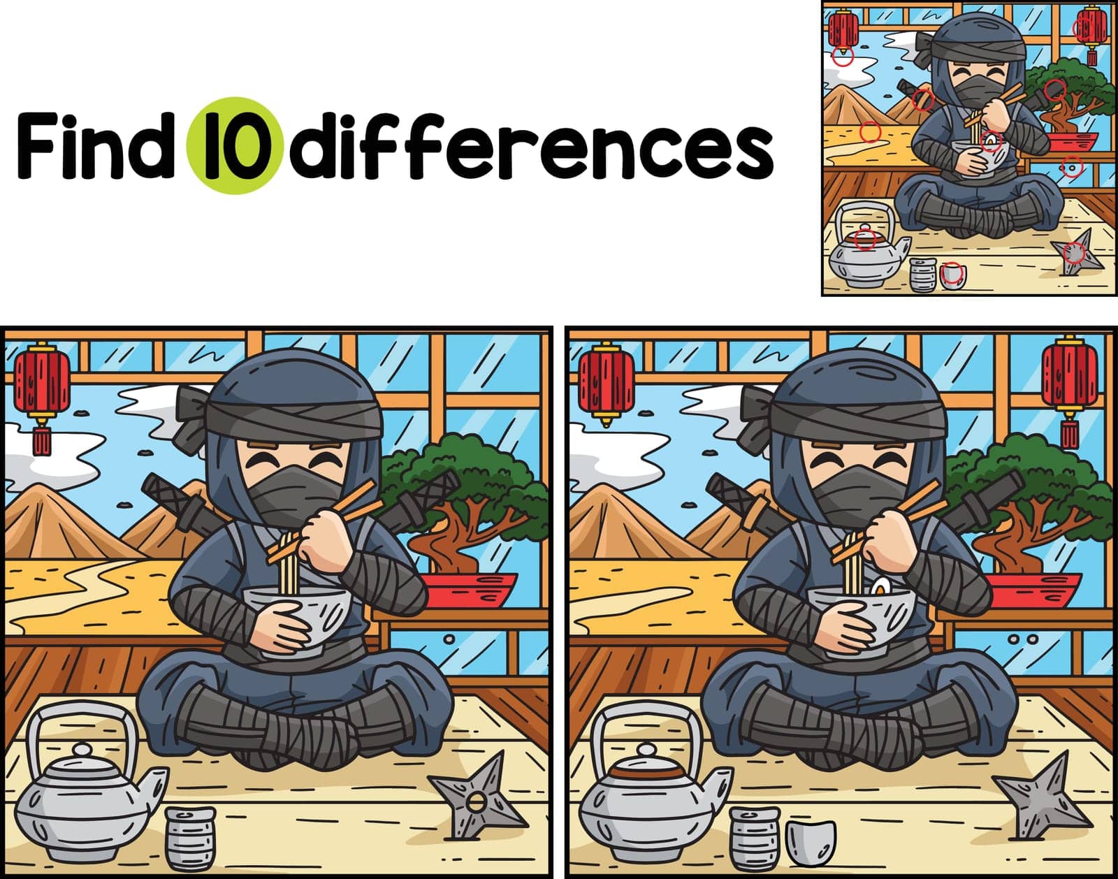Find or spot the differences on this Ninja Eating Ramen kids activity page. A funny and educational puzzle-matching game for children.