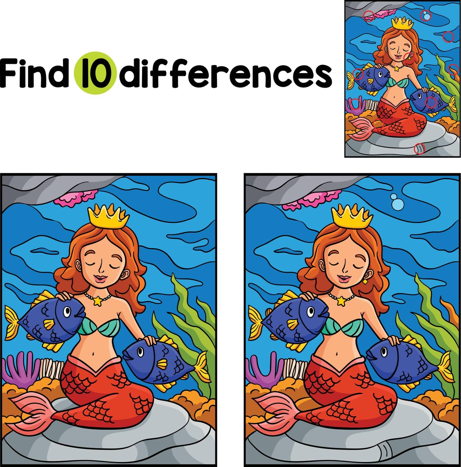Find or spot the differences on this Princess Mermaid and Fish Kids activity page. A funny and educational puzzle-matching game for children.